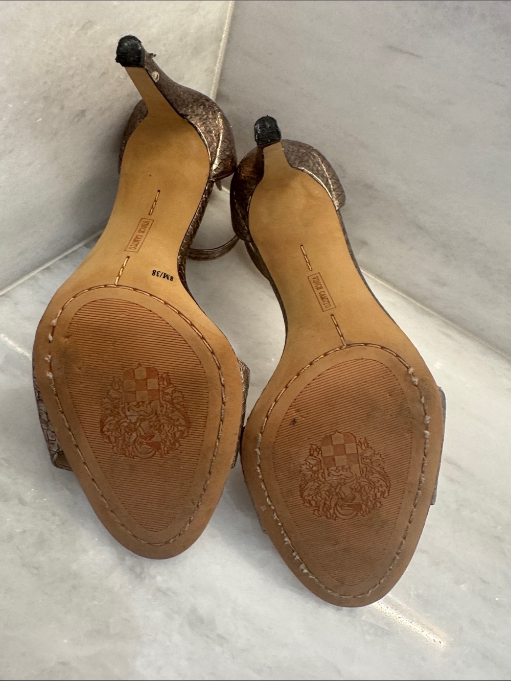 Vince Camuto  Metallic Bronze Gold Strappy Open-Toe Heels 8 - Picture 4 of 11